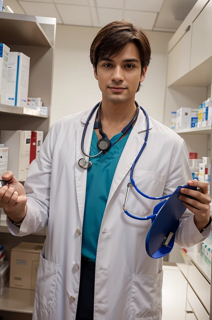 A male medical student is holding discussion tools in their hands and cutting plant leaves.
