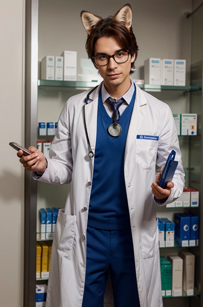 A pharmacist fox dressed as a doctor with a stethoscope around his neck