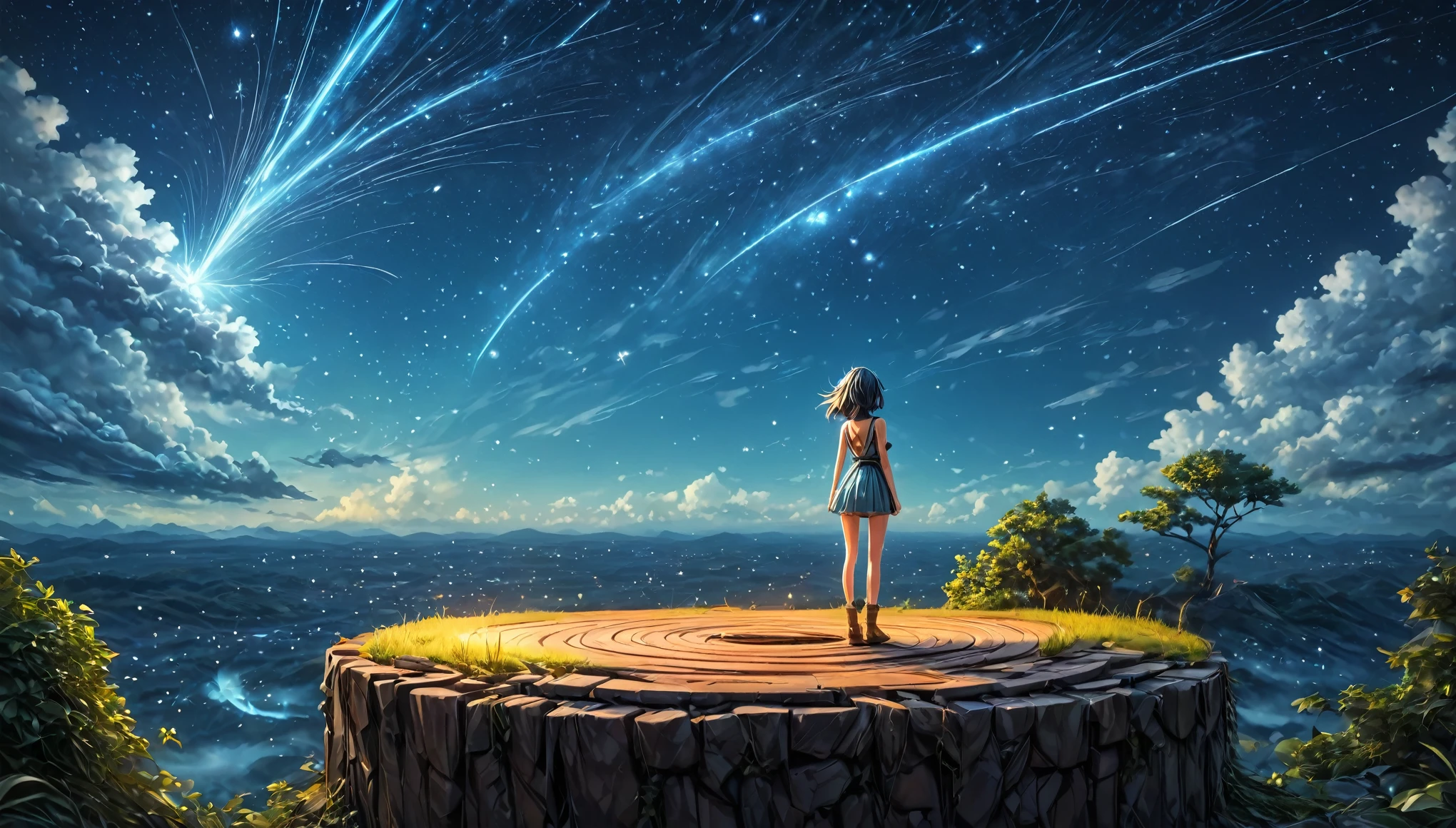 Anime girl stands on the roof and looks at the night sky with stars, Anime wallpaper 4k, Anime wallpaper 4 k, 4k Anime wallpaper, Anime Art Wallpaper 8K, anime art wallpaper 4k, anime art wallpaper 4k, Anime style 4K, Makoto Shinkai Cyril Rolando, 4k manga wallpaper, Anime wallpaper, awesome wallpaper, falling stars