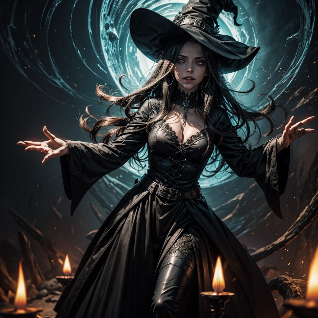 A witch is sucked into a vortex, she has her hands stretched out towards the camera as if to ask for help, in the background behind the vortex are two evil eyes