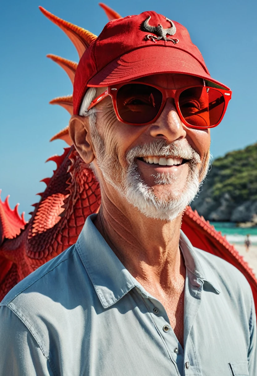 on the beach, captures a realistic image from different angles in a medium shot of a brave 60-year-old man with a very short beard, almost imperceptible white color and RayBan wayfarer sunglasses, The entire image takes place accompanied by a friendly red dragon, the man dressed in summer clothes and black baseball cap, The man is smiling and looking at camera accompanied by a funny medium-sized red dragon. The man in the cap is the adventurous explorer with dark wayfarer sunglasses evading a well-proportioned medium-sized winged red dragon, everything takes place under a radiant sun on a Mediterranean beach with impressive lighting for a perfect shot, red and winged dragon. professional photography, 8k, RAW photo, The best quality, Masterpiece, photorealistic, Highly detailed, cinematic lighting, sharp focus, réflex digital, high resolution, photorealistic,