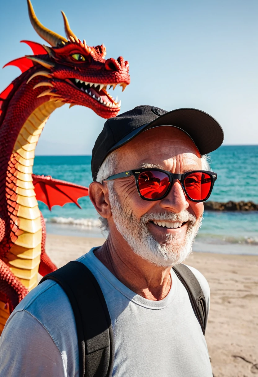 on the beach, captures a realistic image from different angles in a medium shot of a brave 60-year-old man with a very short beard, almost imperceptible white color and RayBan wayfarer sunglasses, The entire image takes place accompanied by a friendly red dragon, the man dressed in summer clothes and black baseball cap, The man is smiling and looking at camera accompanied by a funny medium-sized red dragon. The man in the cap is the adventurous explorer with dark wayfarer sunglasses evading a well-proportioned medium-sized winged red dragon, everything takes place under a radiant sun on a Mediterranean beach with impressive lighting for a perfect shot, red and winged dragon.  professional photography, 8k, RAW photo, The best quality, Masterpiece, photorealistic, Highly detailed, cinematic lighting, sharp focus, réflex digital, high resolution, photorealistic, 