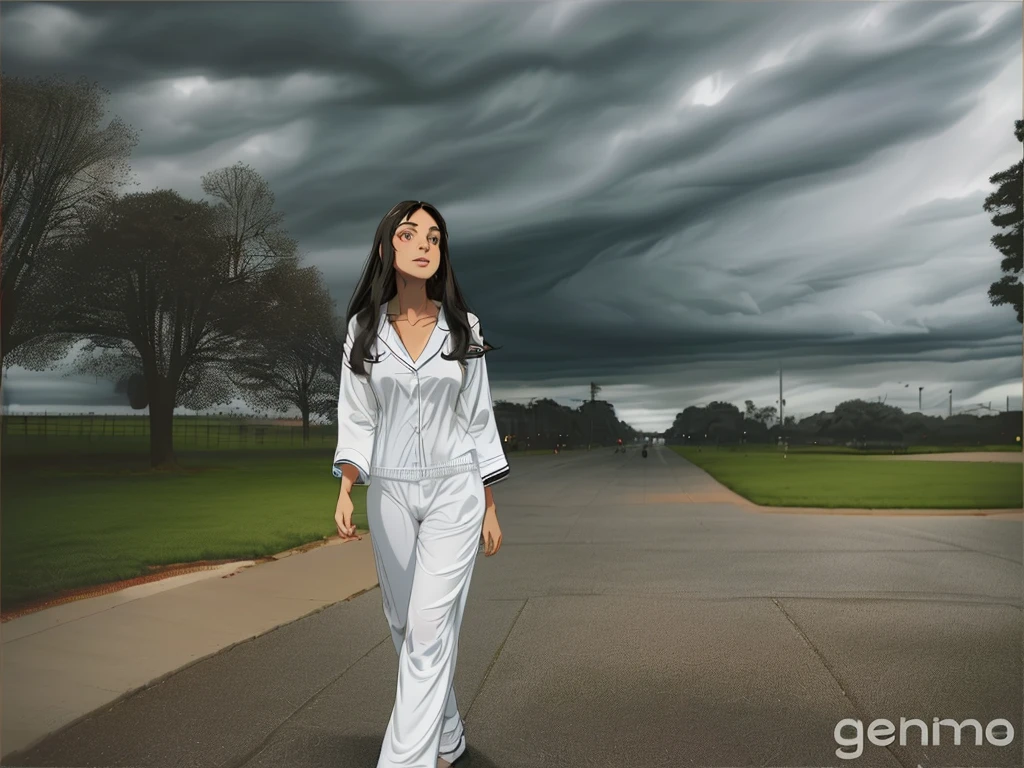 wide angle full body shot of a beautiful slim latina girl with long dark hair wearing white headphones and white pijamas walking in an stormy day on a completely empty city, looking up happy