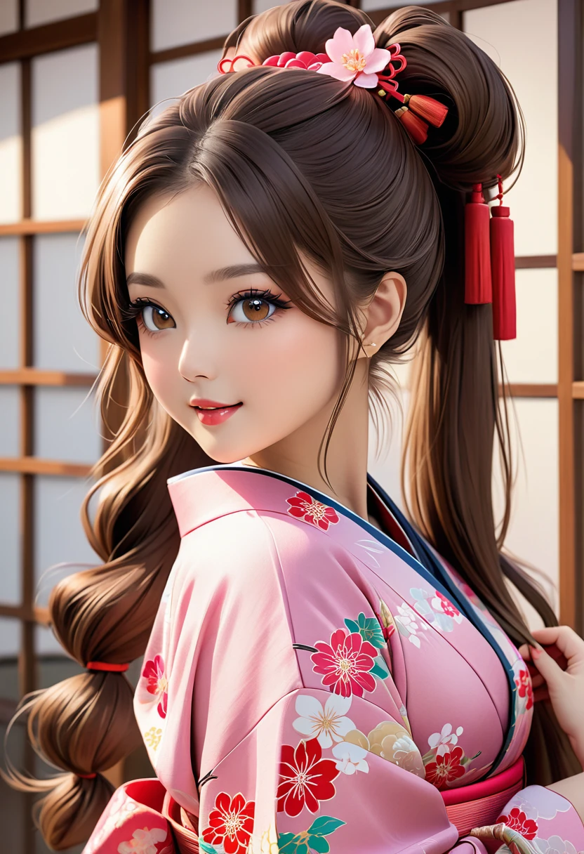 Playful and cute oriental beauty girl.Long brown hair with ponytails on both sides,Texture、Beautiful pink Japanese kimono、,masterpiece,best quality