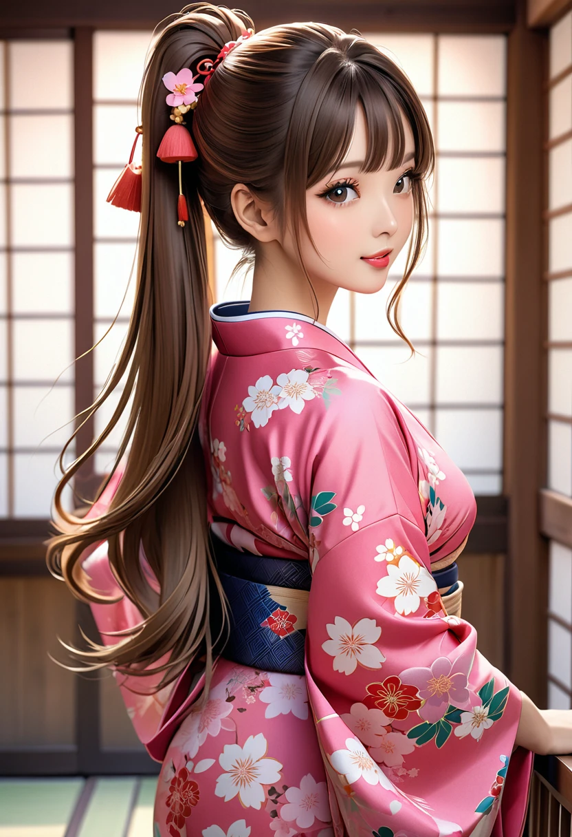 Playful and cute oriental beauty girl.Long brown hair with ponytails on both sides，Texture、Beautiful pink Japanese kimono、，masterpiece，best quality