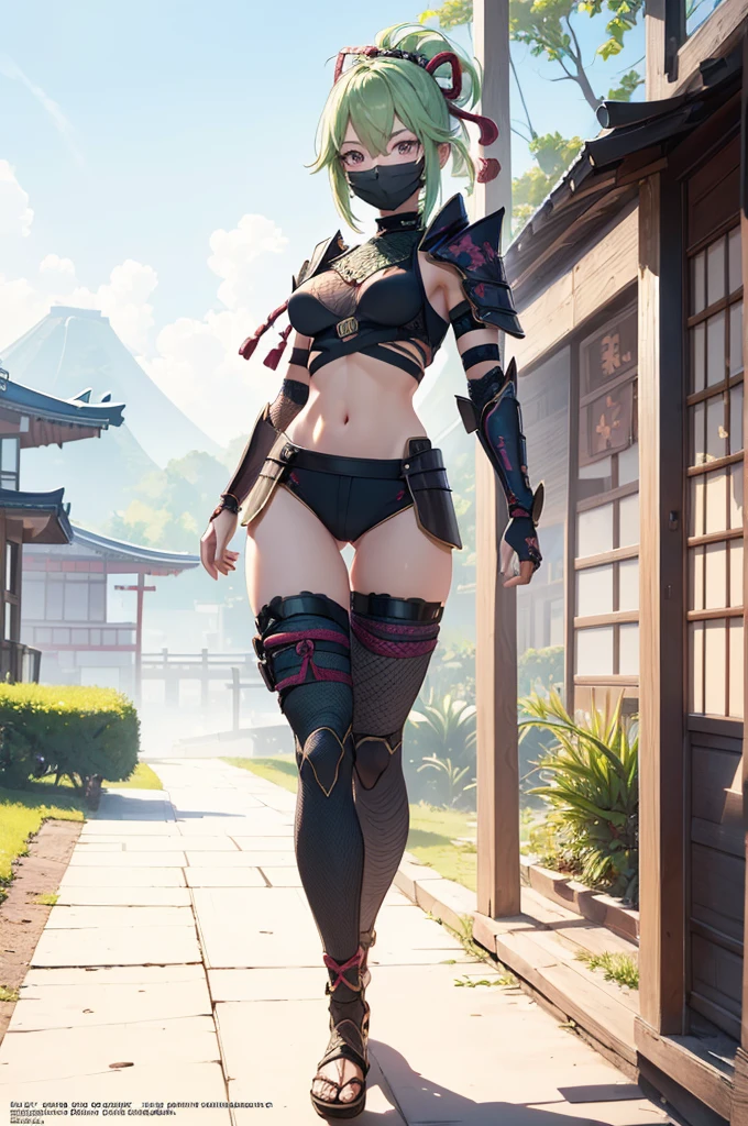 ((1girl, solo)), (((cowboy shot))), (((legs apart))), beautiful body, (perfect anatomy, perfect body, perfect hands, perfect legs), natural proportions, y body, large brefull body, full-body shot, full body front:1.5) BREAK
((extremely detailed face)), (beautiful detailed eyes:1.6), (realistic pupils, realistic iris:1), expressive eyes, looking at viewer, (clear eyes:1.3), (hyperrealistic:1.2), (detailed skin texture:1.2), smooth skin, kuki shinobu, purple eyes, green hair, ((mouth mask)), perfect face, perfect eyes BREAK
ninja, (fishnet top:1.5), (crop top:1.5), cleavage, jacket:1.5), (shoulder armor:1.5), (arm guard:1.5), partially fingerless gloves, midriff, short shorts, black shorts, ((black thighhighs)), (((greaves))), sandals, (revealing clothes:1.5), (japanese armor:1.5), (samurai armor), (highleg panty straps:1.4),el BREAK
outdoor, day, japanese building, east asian architecture BREAK
(masterpiece:1.5), anime-style, top quality, best quality, (beautiful and aesthetic:1.2), (ultra detail:1.5), Ultra-detailed depiction, Ultra-precise depiction, extremely detailed 8k illustration, high resolution, (highly detailed shading:1.2), (realistic lighting:1.4), perfect lighting, vibrant colors, dynamic tones, striking hues, 8k, absurd resolution, perfect shadows, hdr, UHD, ambient lighting, realistic, ultra-realistic, photo realistic, highly detailed, rich detail, luminous colors, fine texture, intricate design, professional illustration, (soft light:1.2), (illustration:0.7)
