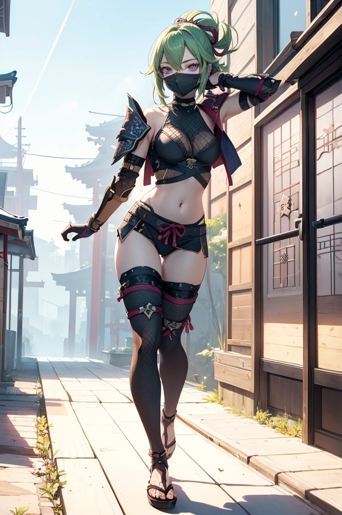 ((1girl, solo)), (((cowboy shot))), (((legs apart))), beautiful body, (perfect anatomy, perfect body, perfect hands, perfect legs), natural proportions, sexy body, large breasts, (full body, full-body shot, full body front:1.5) BREAK
((extremely detailed face)), (beautiful detailed eyes:1.6), (realistic pupils, realistic iris:1), expressive eyes, looking at viewer, (clear eyes:1.3), (hyperrealistic:1.2), (detailed skin texture:1.2), smooth skin, kuki shinobu, purple eyes, green hair, ((mouth mask)), perfect face, perfect eyes BREAK
ninja, (fishnet top:1.5), (crop top:1.5), cleavage, (cropped jacket:1.5), (shoulder armor:1.5), (arm guard:1.5), partially fingerless gloves, midriff, short shorts, black shorts, ((black thighhighs)), (((greaves))), sandals, (revealing clothes:1.5), (japanese armor:1.5), (samurai armor), (highleg panty straps:1.4), tassel BREAK
outdoor, day, japanese building, east asian architecture BREAK
(masterpiece:1.5), anime-style, top quality, best quality, (beautiful and aesthetic:1.2), (ultra detail:1.5), Ultra-detailed depiction, Ultra-precise depiction, extremely detailed 8k illustration, high resolution, (highly detailed shading:1.2), (realistic lighting:1.4), perfect lighting, vibrant colors, dynamic tones, striking hues, 8k, absurd resolution, perfect shadows, hdr, UHD, ambient lighting, realistic, ultra-realistic, photo realistic, highly detailed, rich detail, luminous colors, fine texture, intricate design, professional illustration, (soft light:1.2), (illustration:0.7)
