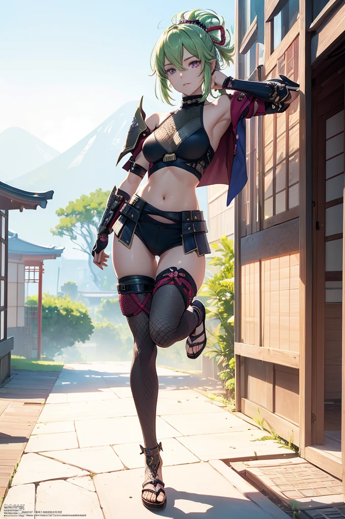 ((1girl, solo)), (((cowboy shot))), (((legs apart))), beautiful body, (perfect anatomy, perfect body, perfect hands, perfect legs), natural proportions, sexy body, large breasts, (full body, full-body shot, full body front:1.5) BREAK

((extremely detailed face)), (beautiful detailed eyes:1.6), (realistic pupils, realistic iris:1), expressive eyes, looking at viewer, (clear eyes:1.3), (hyperrealistic:1.2), (detailed skin texture:1.2), smooth skin, kuki shinobu, purple eyes, green hair, ((mouth mask)), perfect face, perfect eyes BREAK

ninja, (fishnet top:1.5), (crop top:1.5), cleavage, (cropped jacket:1.5), (shoulder armor:1.5), (arm guard:1.5), partially fingerless gloves, midriff, short shorts, black shorts, ((black thighhighs)), (((greaves))), sandals, (revealing clothes:1.5), (japanese armor:1.5), (samurai armor), (highleg panty straps:1.4), tassel BREAK

outdoor, day, japanese building, east asian architecture BREAK 

(masterpiece:1.5), anime-style, top quality, best quality, (beautiful and aesthetic:1.2), (ultra detail:1.5), Ultra-detailed depiction, Ultra-precise depiction, extremely detailed 8k illustration, high resolution, (highly detailed shading:1.2), (realistic lighting:1.4), perfect lighting, vibrant colors, dynamic tones, striking hues, 8k, absurd resolution, perfect shadows, hdr, UHD, ambient lighting, realistic, ultra-realistic, photo realistic, highly detailed, rich detail, luminous colors, fine texture, intricate design, professional illustration, (soft light:1.2), (illustration:0.7)