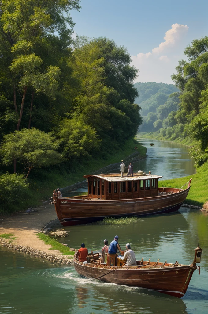 ((best quality)), ((masterpiece)), (digital art), An indian boat in standing over a river and two man and the sailor looking at a castel digital art