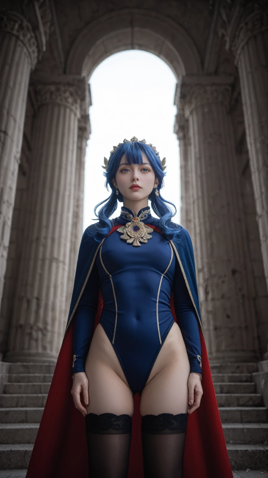 realistic,score_9, score_8_up, score_7_up,
Cinematic film still, Ancient, Low angle shot, Ansel Adams style, Elegant girl with a hairband, wearing a leotard and cape, her blue hair flowing, multicolored eyes gleaming, vision of Genshin Impact, long sleeves and gloves, side locks framing her face, black thighhighs, standing proudly, Ruins of an ancient city, vast space around her, symmetrical composition, Soft natural lighting, Canon camera, 85mm lens, F2.8 aperture.
