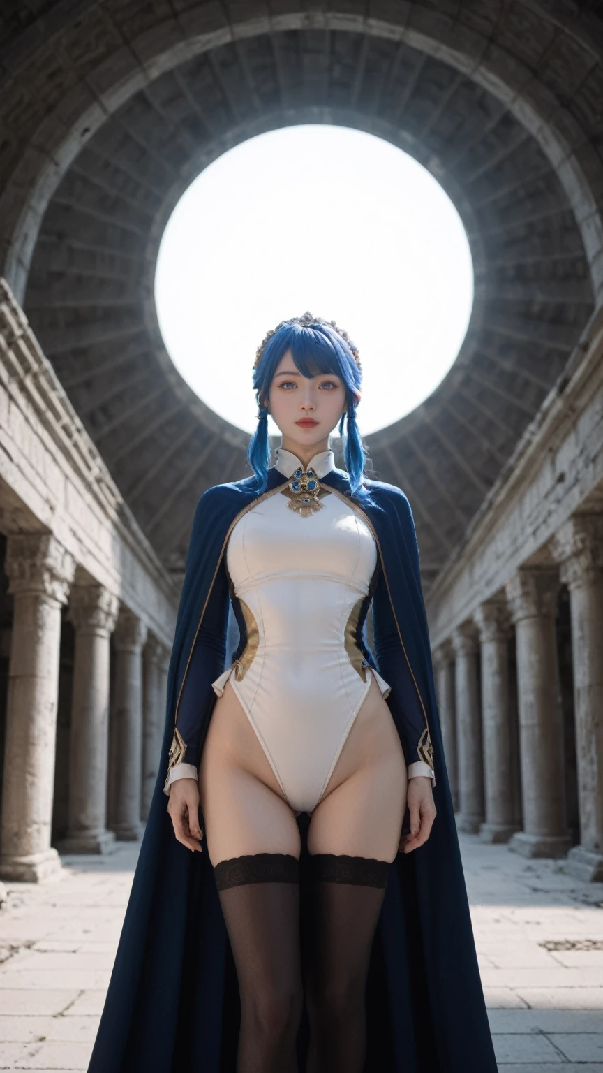 realistic,score_9, score_8_up, score_7_up,
Cinematic film still, Ancient, Low angle shot, Ansel Adams style, Elegant girl with a hairband, wearing a leotard and cape, her blue hair flowing, multicolored eyes gleaming, vision of Genshin Impact, long sleeves and gloves, side locks framing her face, black thighhighs, standing proudly, Ruins of an ancient city, vast space around her, symmetrical composition, Soft natural lighting, Canon camera, 85mm lens, F2.8 aperture.