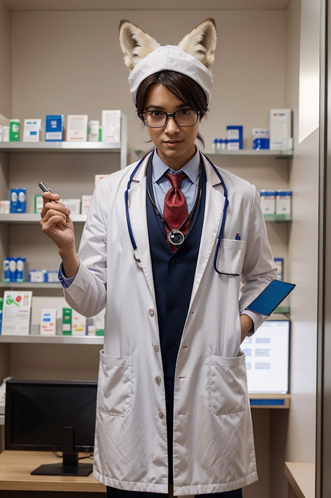 A pharmacist fox dressed as a doctor with a stethoscope around its neck