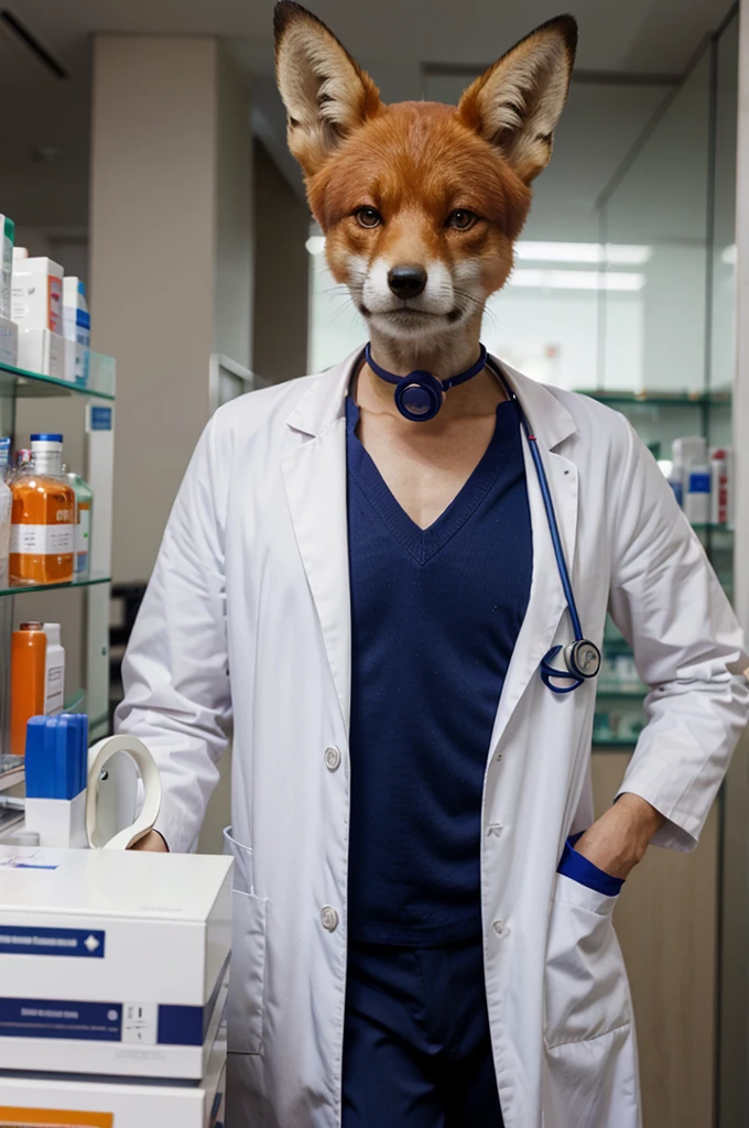 A pharmacist fox dressed as a doctor with a stethoscope around its neck