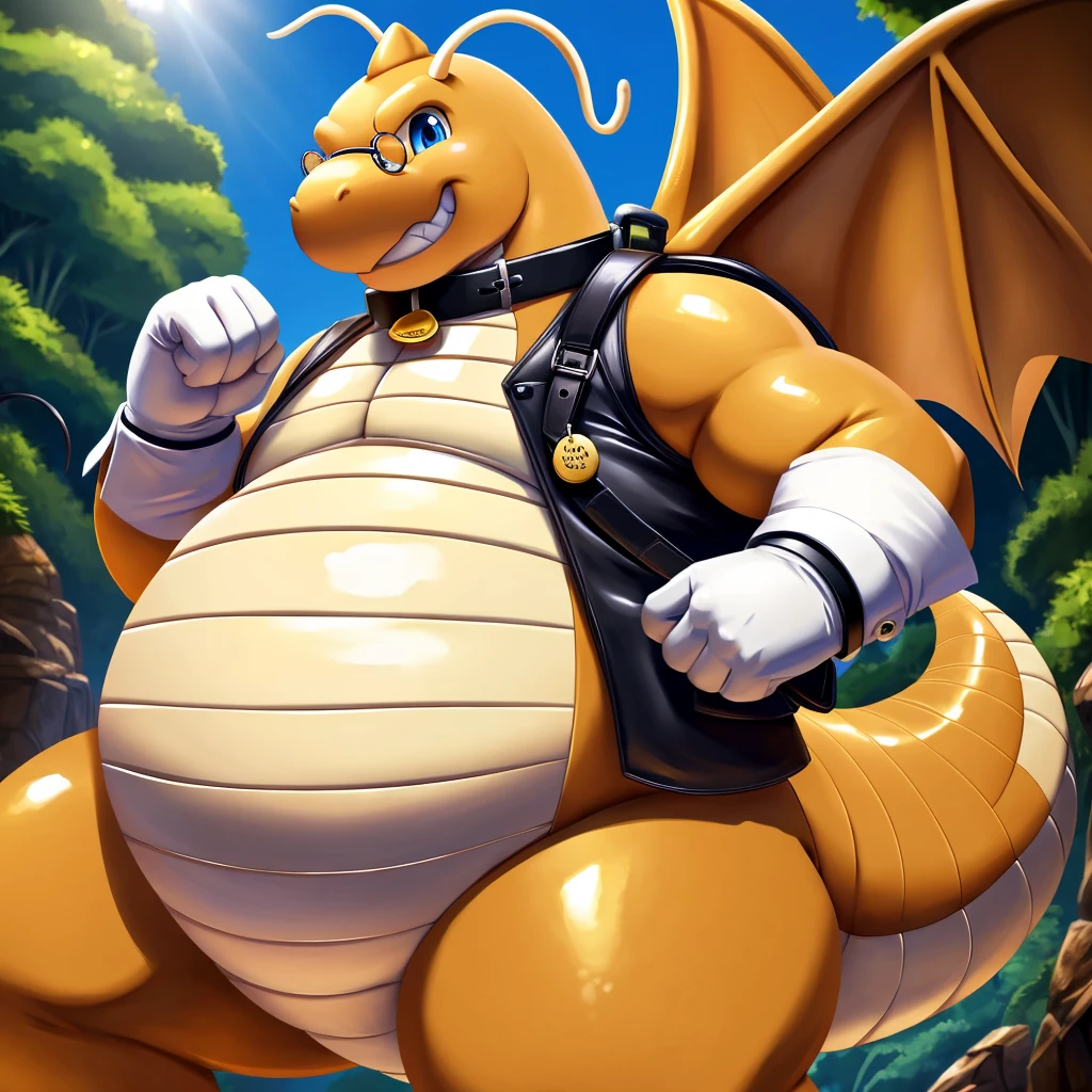 Solo, Male, fat, extremely obese, gentleman, dapper Professor Dragonite, blue eyes, (posing:1.3), (soft shading), 4k, hi res, ((detailed face, detailed)), looking at viewer, evil grin, jungle, forest, collared shirt with buttons, top hat, male focus, Explorer Outfit, glasses, monocle, bag, vest with buttons, backpack, sleeves rolled up, round eyewear, brown headwear, brown vest, Dragonite is wearing a glossy leather dog collar around the neck, Dragonite is wearing the leather collar and shirt and vest at the same time, Dragonite is wearing glossy white rubber gloves on the hands, wearing white rubber gloves on the feet, Dragonite is wearing glossy white cuffs around the wrists with cufflinks, gloves are rubber in texture, clenching teeth, clenching fists, leather collar is glossy and shiny with a lot of detail, Dragonite is wearing gloves and cuffs and cufflinks at the same time, leather collar has a round dog-tag, leather collar is thick and detailed.