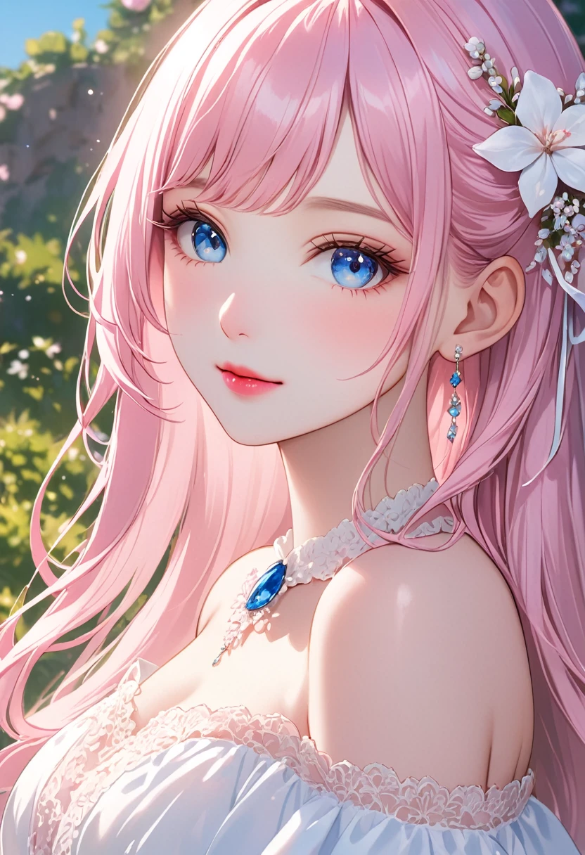 (Highest quality、masterpiece、Ultra-fine、Ultra-fine、delicate、delicate、16K、Full HD) 、((boost mood)),One girl, alone,One girl, lillia, One Girl、Pink long hair、blue eyes、White dress with black lace、large pink ribbon on the chest、sunny、smile、(full of energy)(Blue eyes、Long eyelashes、White skin、slim、Pale pink lips、Pale pink cheeks、thin and long)、(thin and high nose、Small Nose)、