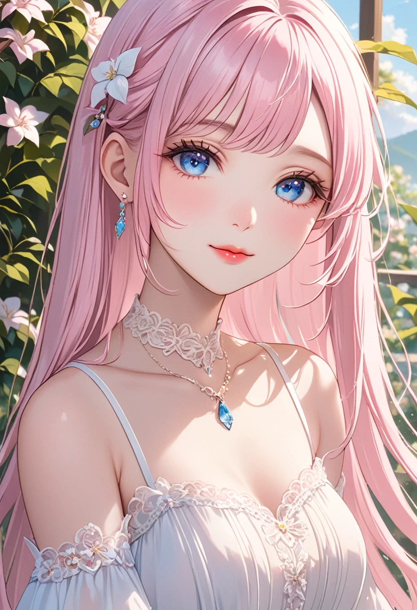 (Highest quality、masterpiece、Ultra-fine、Ultra-fine、delicate、delicate、16K、Full HD) 、((boost mood)),One girl, alone,One girl, lillia, One Girl、Pink long hair、blue eyes、White dress with black lace、large pink ribbon on the chest、sunny、smile、(full of energy)(Blue eyes、Long eyelashes、White skin、slim、Pale pink lips、Pale pink cheeks、thin and long)、(thin and high nose、Small Nose)、