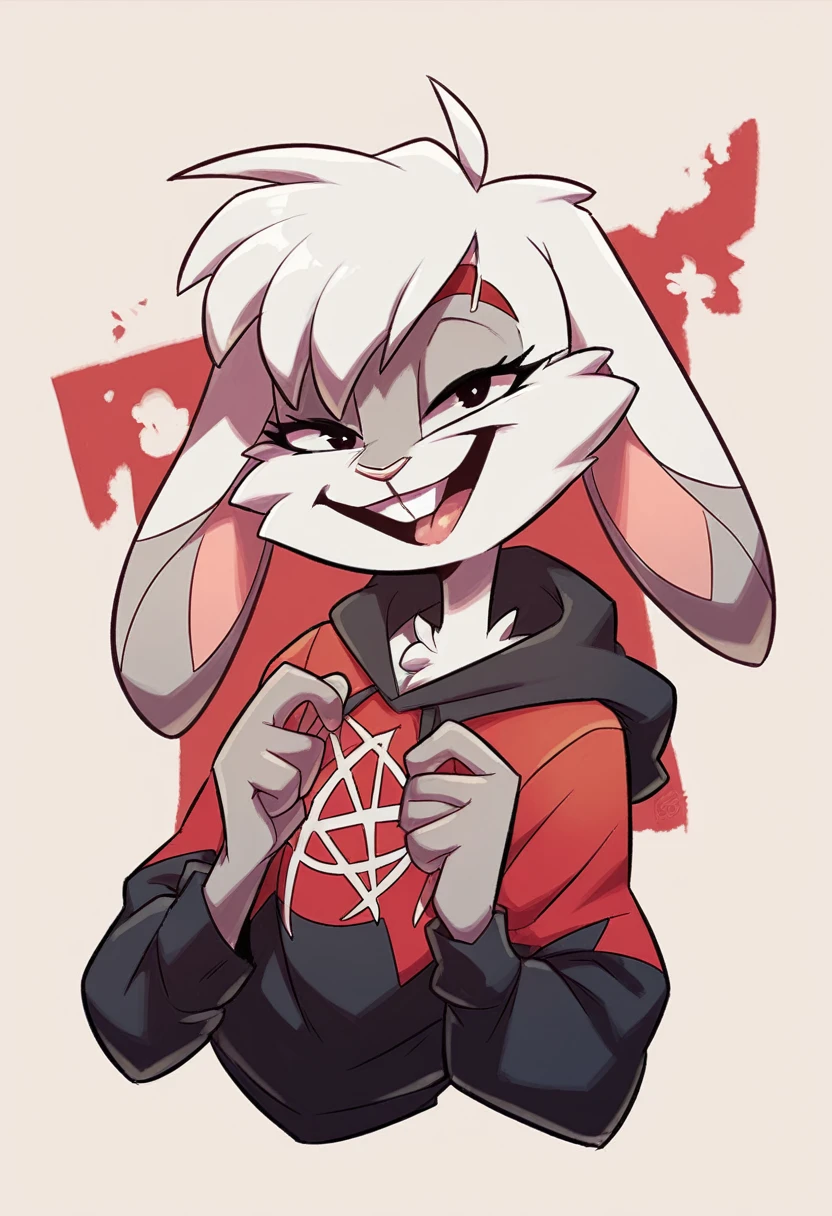 Solo, cute, flat chested, perfect eyes, perfect hands, ((thick thighs)), (pose), ((high quality: 1.0)), (detailed),Raboot, 1girl,masterpiece, furry, white fur, red eyes, white hair, short red sleeves, black hoodie, black sweatpants, red eyes,by dimwitdog