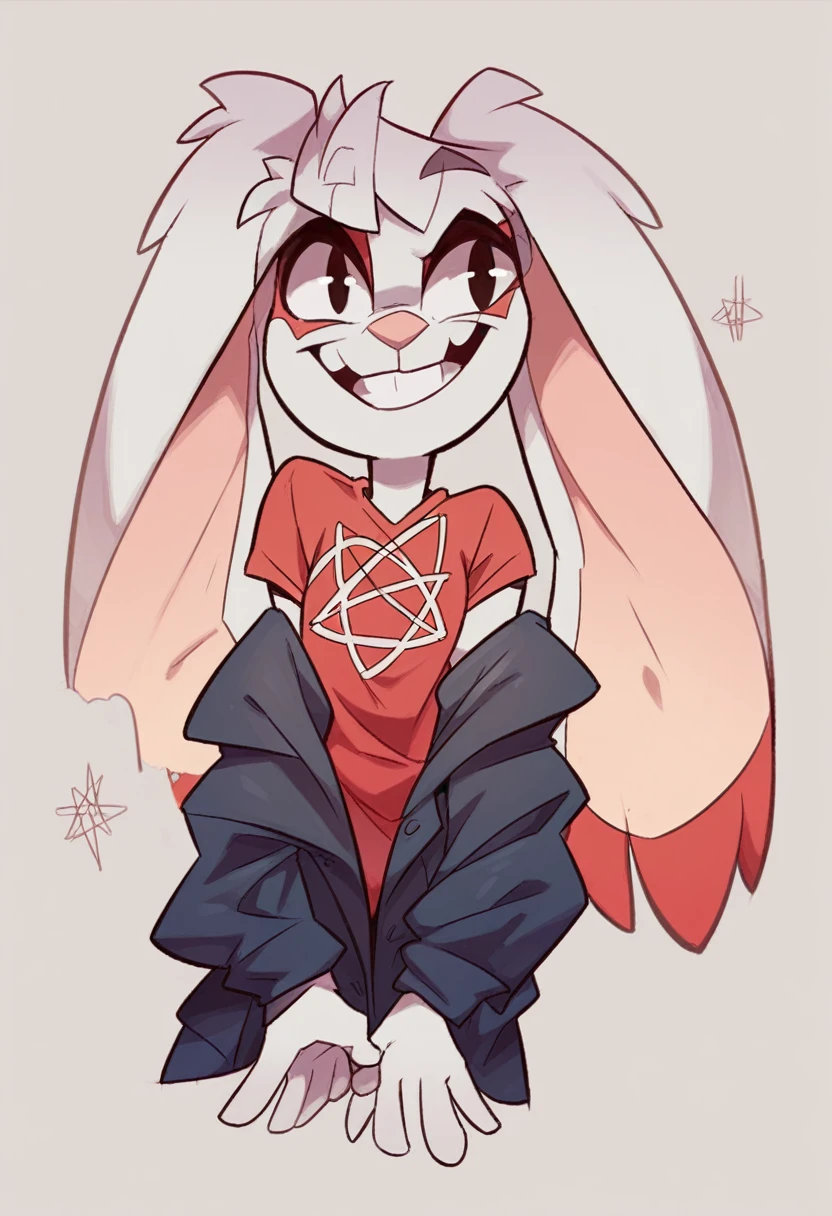 Lop-eared rabbit guy, with red markings, in a jumper with a pentagram and a shirt, Eternal smile,thin build, sinewy, elongated, 