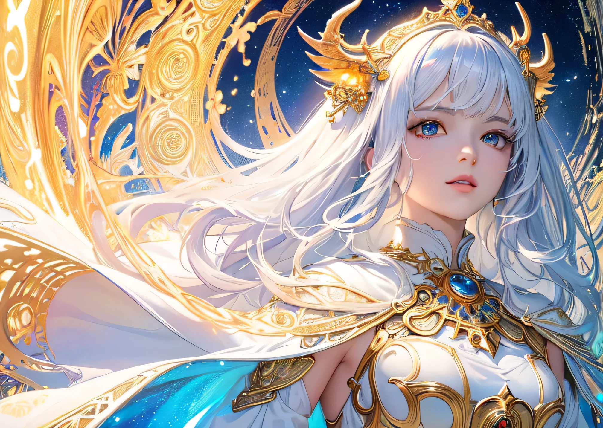 (masterpiece, Highest quality, Highest quality, Official Art, beautifully、aesthetic:1.2), (One girl), Highly detailed eyes, (Fractal Art:1.3), colorful, Most detailed, (Perfect Face), Shiny skin, High resolution, (White cloak Golden Line:1.2), Milky Way, (Streaks of Light), Impressive visuals, (Dynamic stripes, Light trail:1.2), Vibrant colors, (Phoenix), (Dragon)