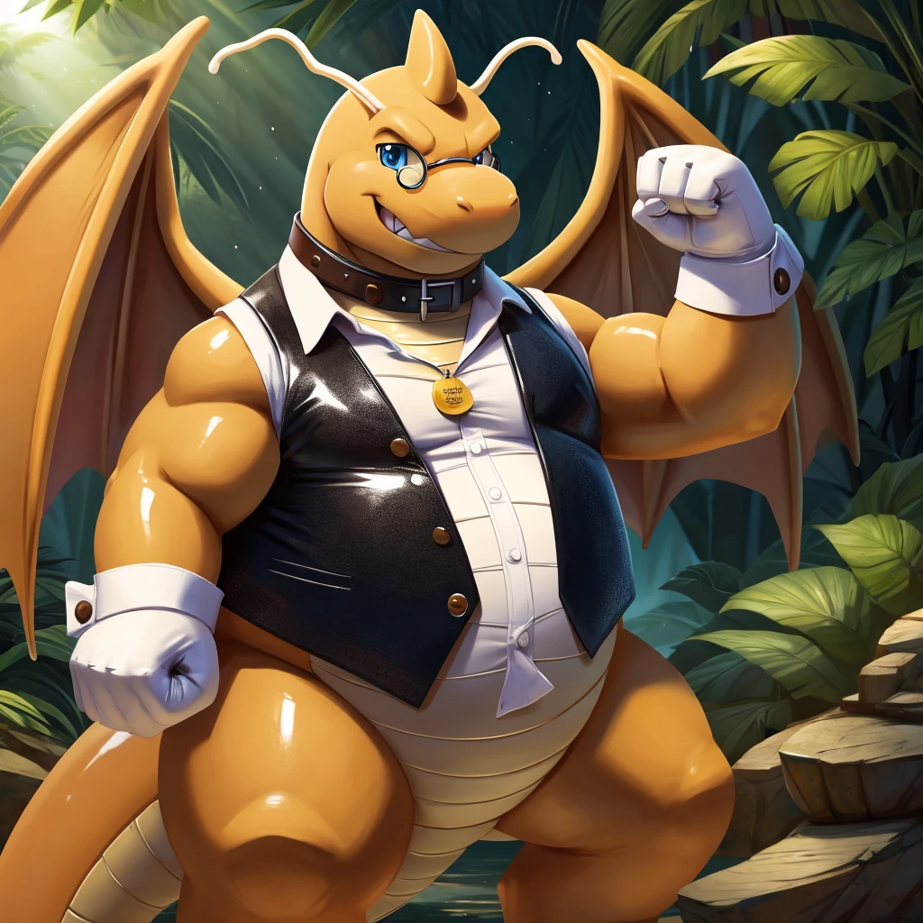 Solo, Male, fat, extremely obese, gentleman, dapper Professor Dragonite, blue eyes, (posing:1.3), (soft shading), 4k, hi res, ((detailed face, detailed)), looking at viewer, evil grin, jungle, forest, collared shirt with buttons, top hat, male focus, Explorer Outfit, glasses, monocle, bag, vest with buttons, backpack, sleeves rolled up, round eyewear, brown headwear, brown vest, Dragonite is wearing a glossy leather dog collar around the neck, Dragonite is wearing the leather collar and shirt and vest at the same time, Dragonite is wearing glossy white rubber gloves on the hands, wearing white rubber gloves on the feet, Dragonite is wearing glossy white cuffs around the wrists with cufflinks, gloves are rubber in texture, clenching teeth, clenching fists, leather collar is glossy and shiny with a lot of detail, Dragonite is wearing gloves and cuffs and cufflinks at the same time, leather collar has a round dog-tag, leather collar is thick and detailed.