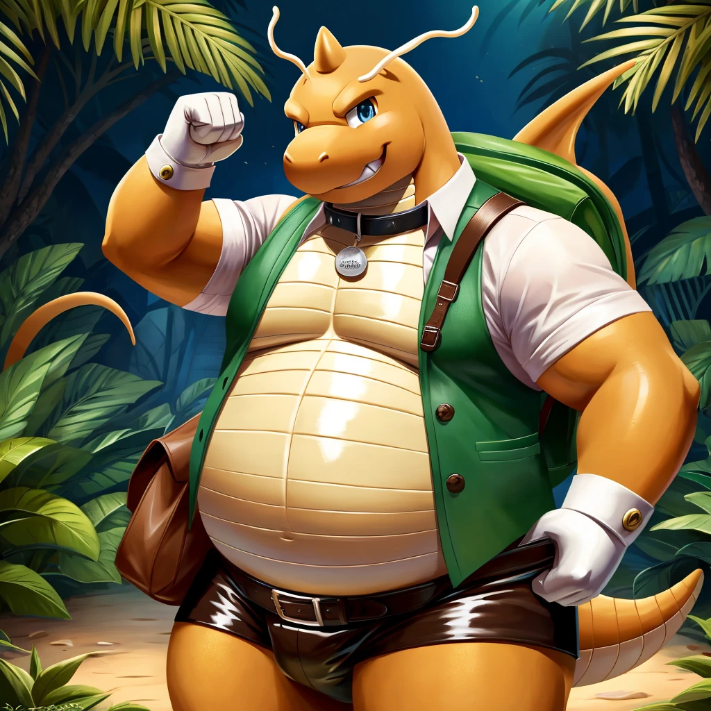 Solo, Male, fat, extremely obese, gentleman, dapper Professor Dragonite, blue eyes, (posing:1.3), (soft shading), 4k, hi res, ((detailed face, detailed)), looking at viewer, evil grin, jungle, forest, collared shirt with buttons, top hat, male focus, Explorer Outfit, glasses, monocle, bag, vest with buttons, backpack, sleeves rolled up, round eyewear, brown headwear, brown vest, Dragonite is wearing a glossy leather dog collar around the neck, Dragonite is wearing the leather collar and shirt and vest at the same time, Dragonite is wearing glossy white rubber gloves on the hands, wearing white rubber gloves on the feet, Dragonite is wearing glossy white cuffs around the wrists with cufflinks, gloves are rubber in texture, clenching teeth, clenching fists, leather collar is glossy and shiny with a lot of detail, Dragonite is wearing gloves and cuffs and cufflinks at the same time, leather collar has a round dog-tag, leather collar is thick and detailed.