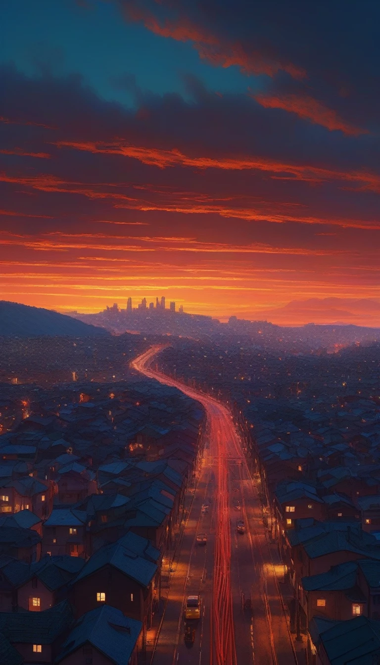 detailed silhouette of a telephone pole, small hill, telephone poles appearing randomly, cityscape, sunset, red sky, concrete utility pole, beautiful sunset seen from downhill, intricate details, highly detailed, photorealistic, ultra-detailed, 8k, masterpiece, dramatic lighting, warm colors, vibrant colors, cinematic, picturesque, atmospheric, serene landscape