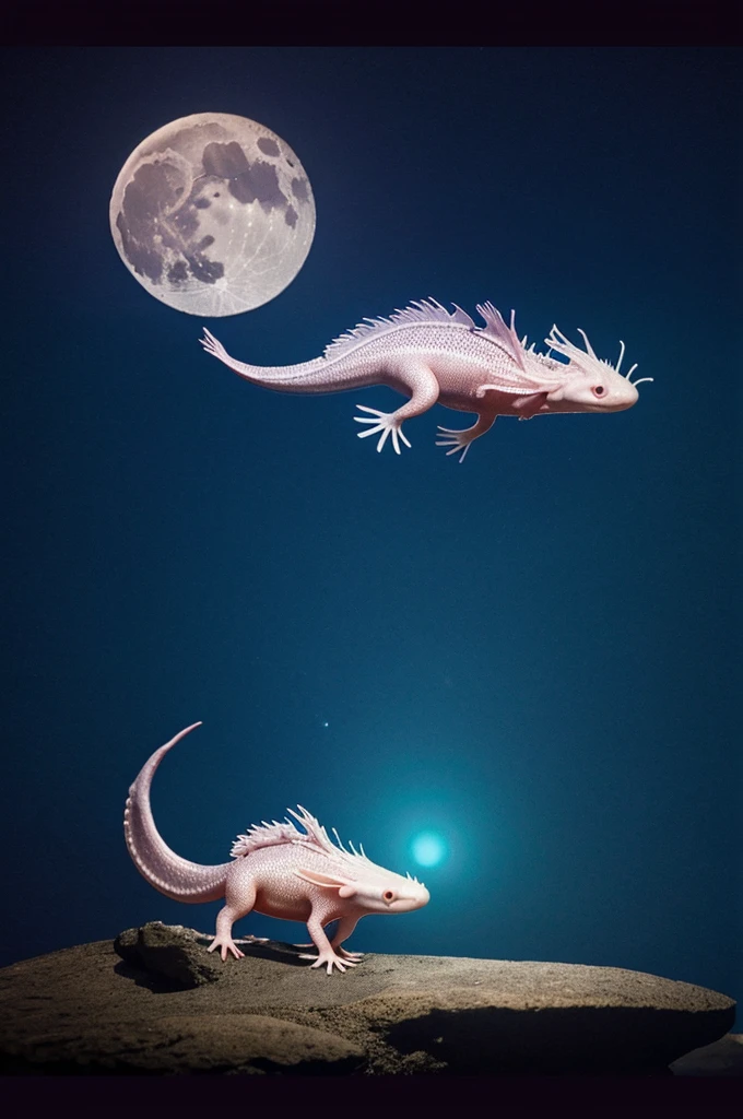 An axolotl that looks like a dragon with a moon in the background 