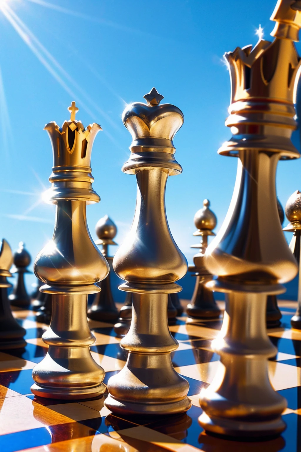 chess pieces, studying chess book, Side light, reflection,The sun reflects light,Silver metal,red flag,luster,Soviet poster style,diffuse reflection,metalictexture,The vista is the blue earth,starly sky,high key,Magnificent, CCCPposter, sovietposter
