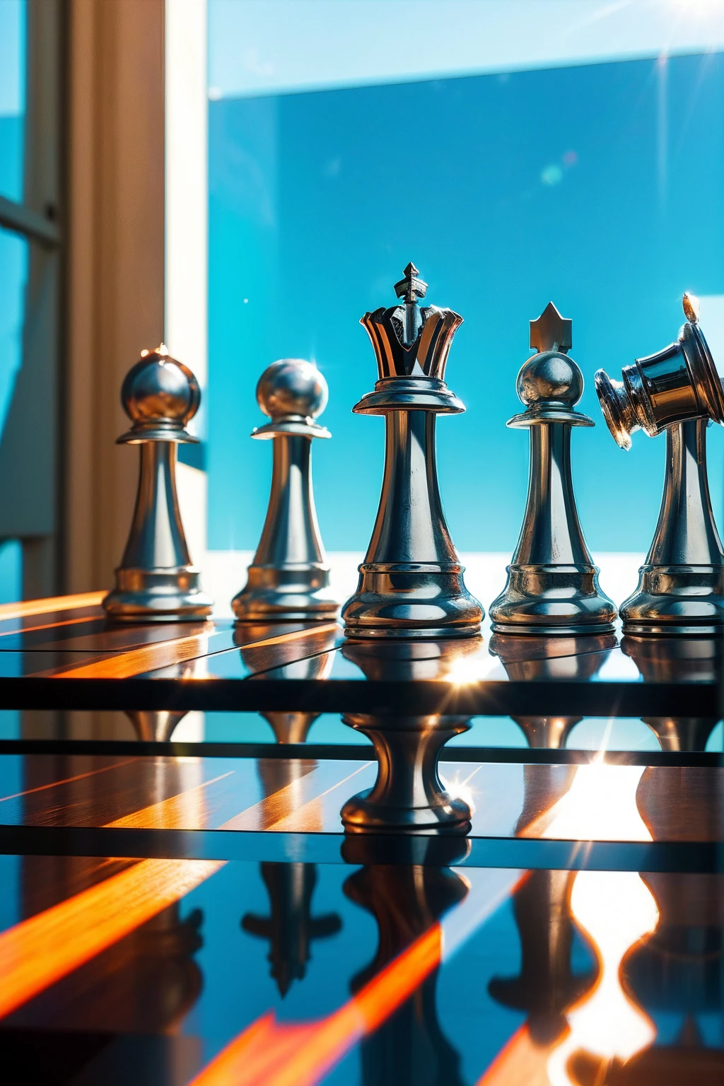 chess pieces, studying chess book, Side light, reflection,The sun reflects light,Silver metal,red flag,luster,Soviet poster style,diffuse reflection,metalictexture,The vista is the blue earth,starly sky,high key,Magnificent, CCCPposter, sovietposter