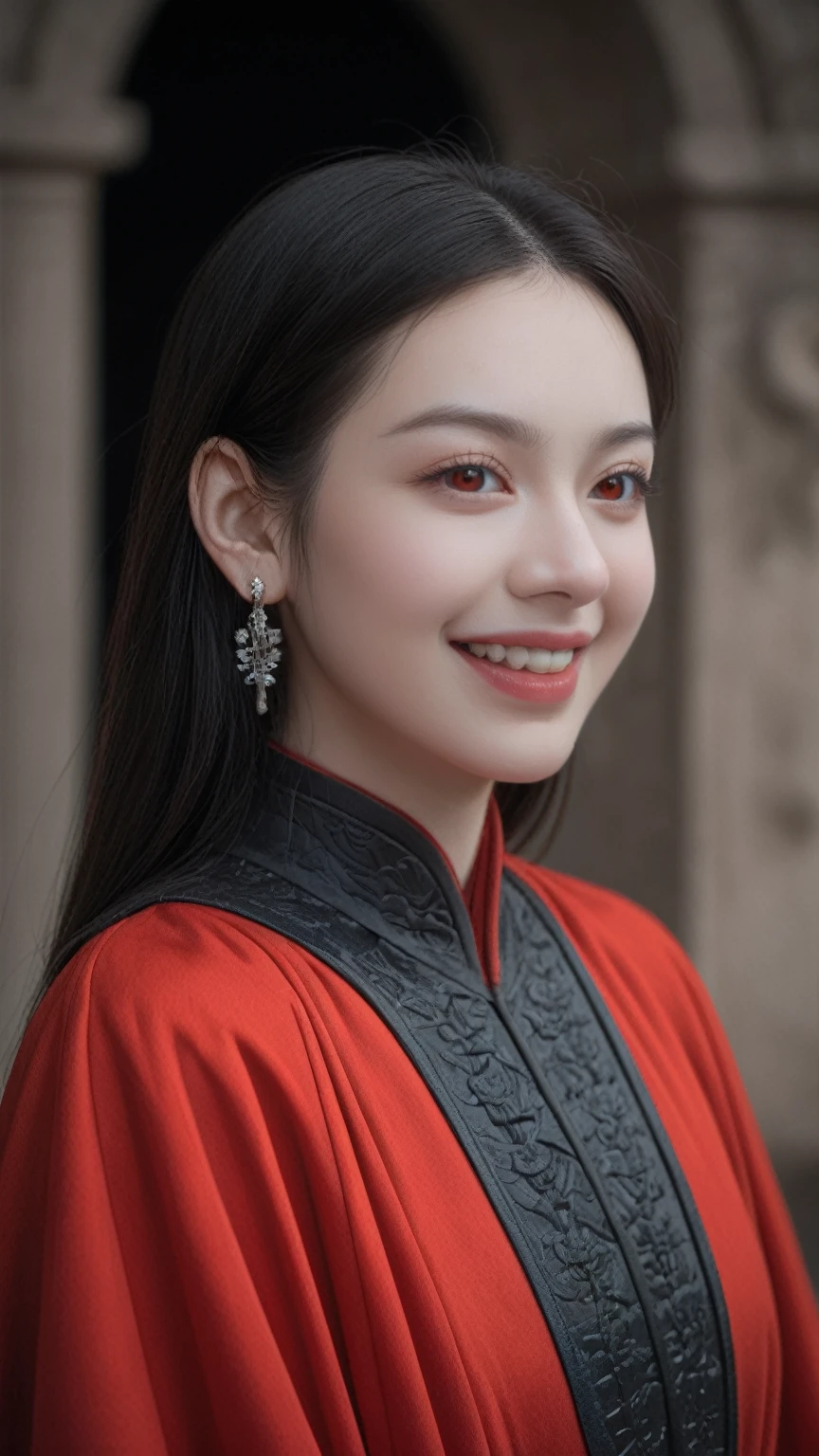 realistic,score_9, score_8_up, score_7_up, 
 Concept art, fantasy theme, close-up shot, dramatic and highly detailed. A girl with long black straight hair and red eyes, wearing black armor and a red robe. She has a beautiful face and a perfect female figure, adorned with an earring. Her posture is alluring and prestigious, with a focus on her upper body as she looks into the distance with an evil laugh. The background features an indoor scene with ruins and fire, creating a mystical and intense atmosphere. High contrast lighting, Nikon camera, 100mm lens, F1.2 aperture.