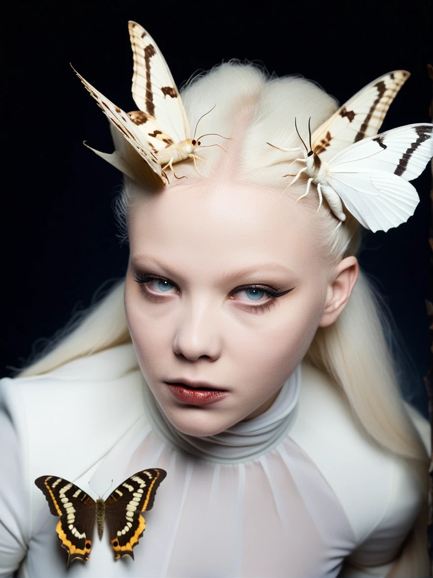Grotesque, horror, Albino, female chimera, Moths, close-up, professional photo