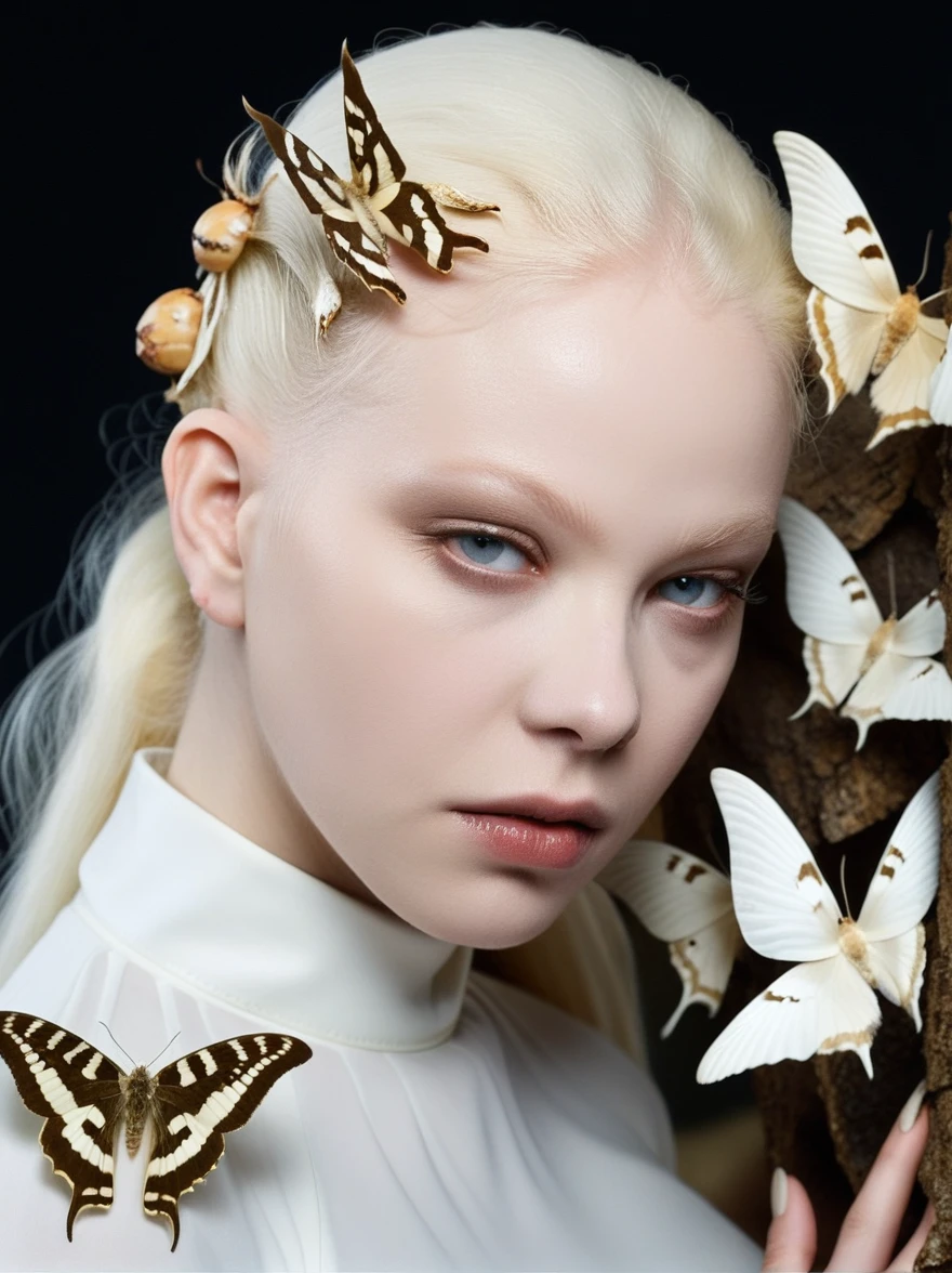 Grotesque, horror, Albino, female chimera, Moths, close-up, professional photo