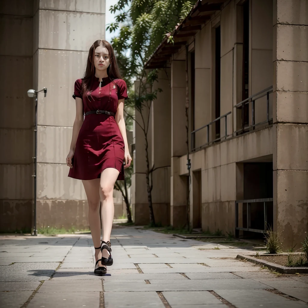 Woman standing, walking alone, best possible quality, full body photo, usando vestido ou saia realisitic, 4k quality, realisitic, as much detail as possible
