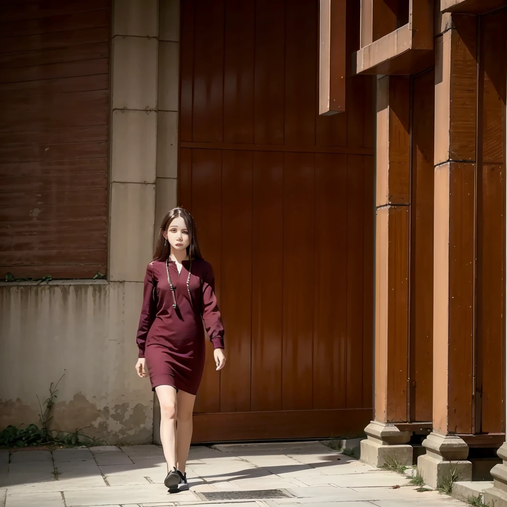 Woman standing, walking alone, best possible quality, full body photo, usando vestido ou saia realisitic, 4k quality, realisitic, as much detail as possible
