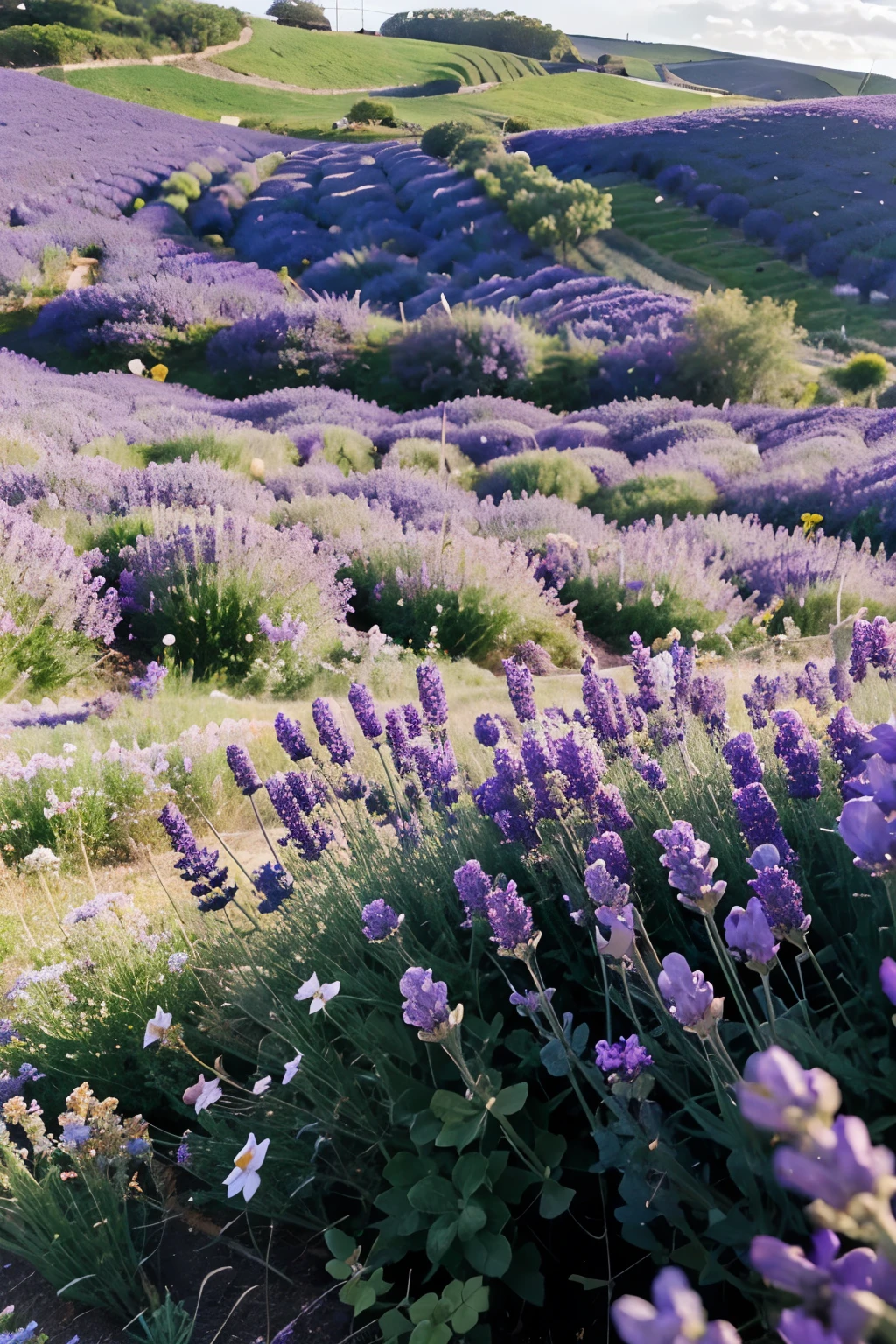 Lavender flavor candy with its package beside and the background is field of lavender flowers