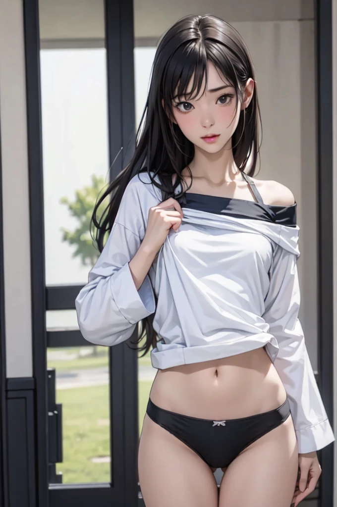 ((masterpiece, best quality)),((high resolution:1.3)), 1 Girl, solo, Cowboy Shot, Blurred Background, (((Small breasts))), Thighs, (underwear), ((lift Shirts:1.3)), Off shoulder
