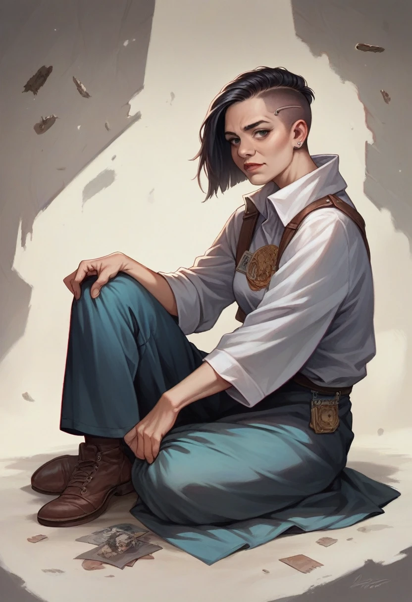 a stunning 30 year old woman with a super short buzzcut with a medium fade undercut and a side shave sitting in a barberchair, photorealistic, hyperrealistic, 8k, uhd, high detail, masterpiece, film grain