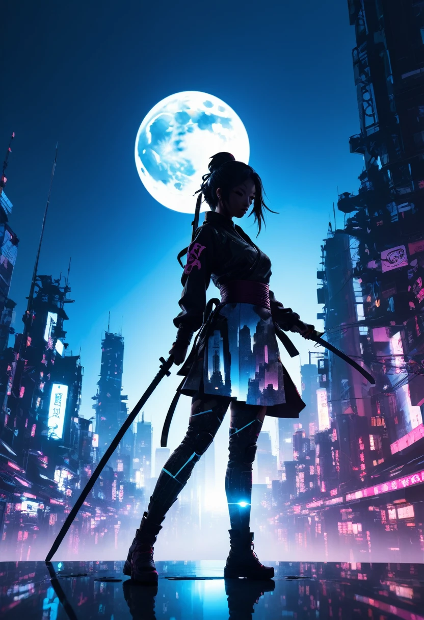  mate piece, silhouette, Kunoichi, logo, monotony, moon, double exposure, cyberpunk city, depth of field, (holographic glow effect), from below, low angle shot, masterpiece,