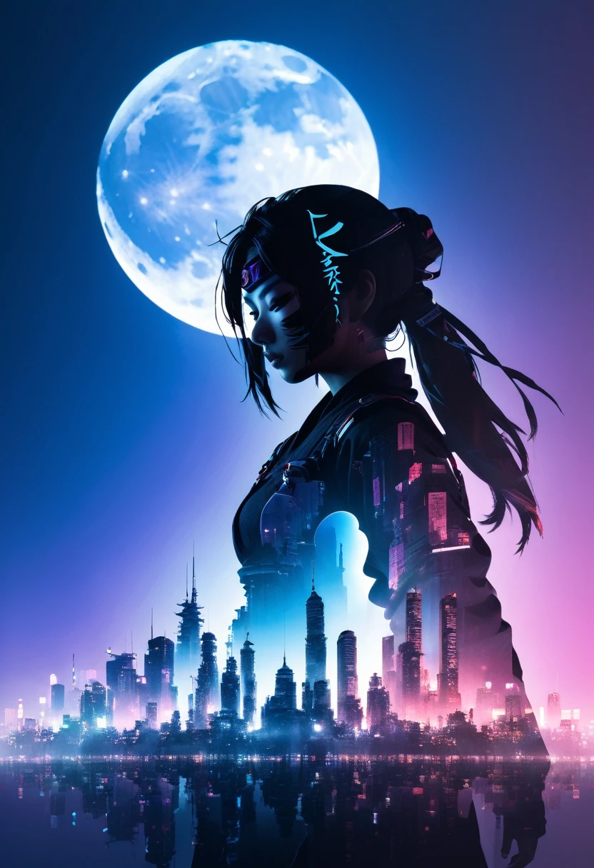  mate piece, silhouette, Kunoichi, logo, monotony, moon, double exposure, cyberpunk city, depth of field, (holographic glow effect), from below, low angle shot, masterpiece,