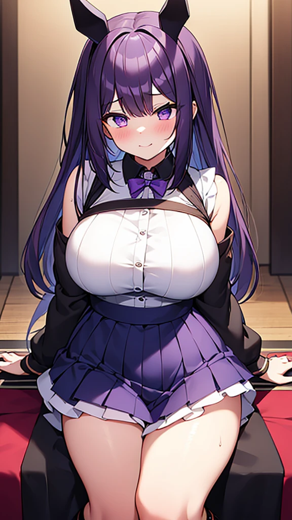 最high quality, high quality, Super detailed, 16K, Ultra-detailed details, pretty girl, alone, beautiful purple hair, Beautiful purple eyes, Big Breasts, A light smile, Summer clothes, Summer Maid clothes, I'm lifting my skirt, Blue and white color striped underwear(Showing her underwear under her skirt), My crotch is wet with love juice, Black knee socks, {{A succubus who falls in love with a man steals the facial skin of the girl he loves, transforms her face into that of a girl, and serves the man as a maid.}}, The ghost of a 半透明 girl with her skin peeled off is pleading with the maid, Full body image, NSFW