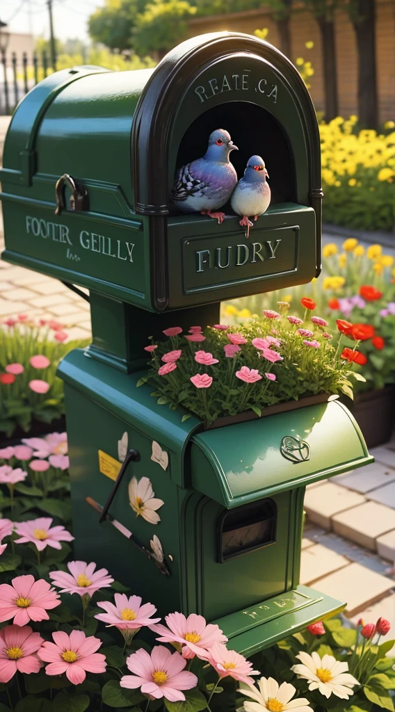 Flower-carrying pigeons in a garden mailbox、letter