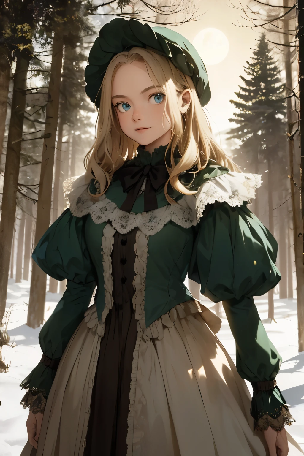 wide angle, detailed reproduction of a forest surrounded by fog up to a height of one meter. clear starry sky with a big full moon, bare trees, winter, two girls, (Virginia Otis, (blond hair, blue eyes)) pose with (16 years oldald (blond hair, green eyes)). Victorian style. thin, cute face, walks at night in Canterville Castle (inspired by the novel The Canterville Ghost). aged 1887, Victorian fantasy