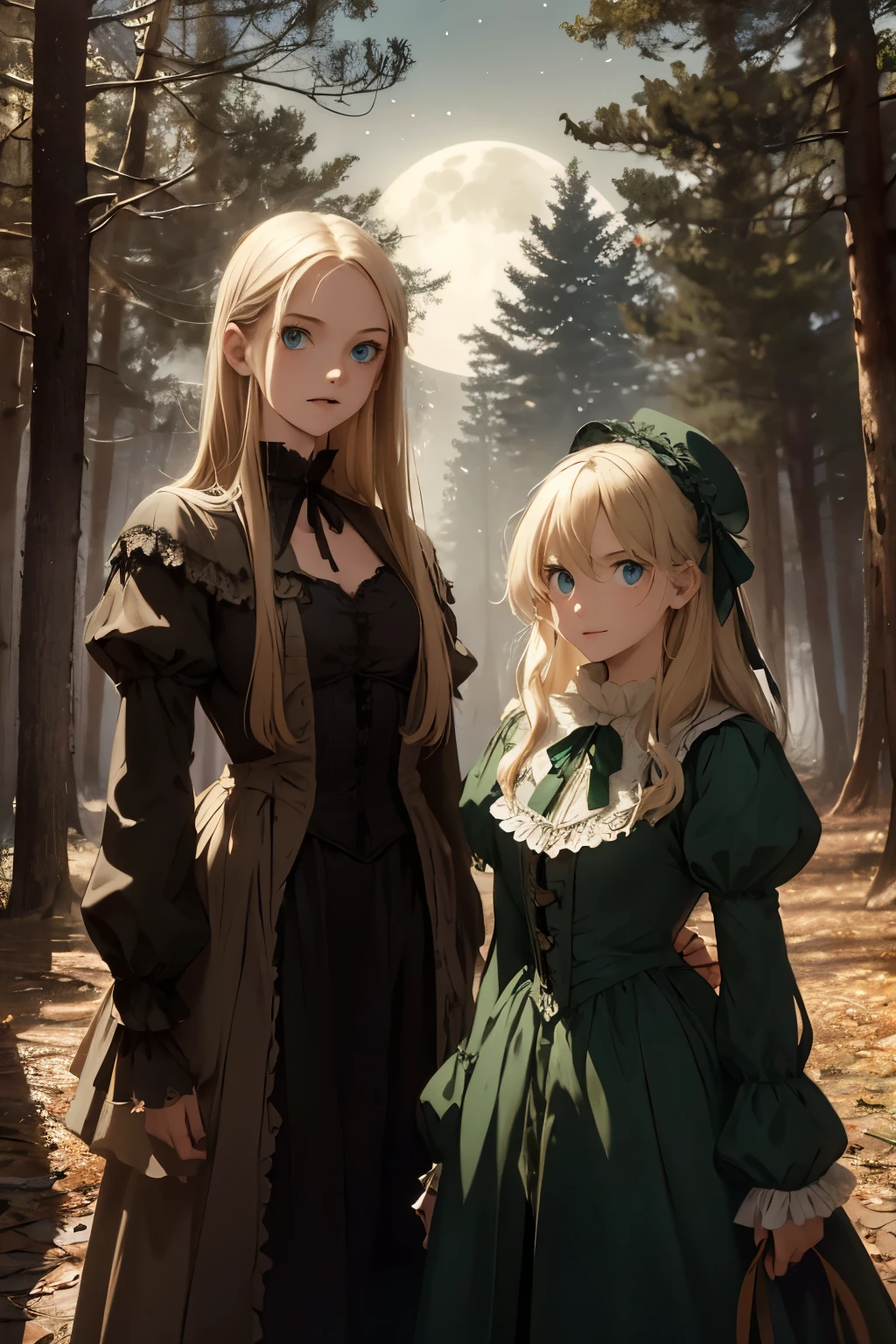 wide angle, detailed reproduction of a forest surrounded by fog up to a height of one meter. clear starry sky with a big full moon, bare trees, winter, two girls, (Virginia Otis, 15 years old (blond hair, blue eyes)) pose with (16 years old Georgie Gerald (blond hair, green eyes)). Victorian style. thin, cute face, walks at night in Canterville Castle (inspired by the novel The Canterville Ghost). aged 1887, Victorian fantasy