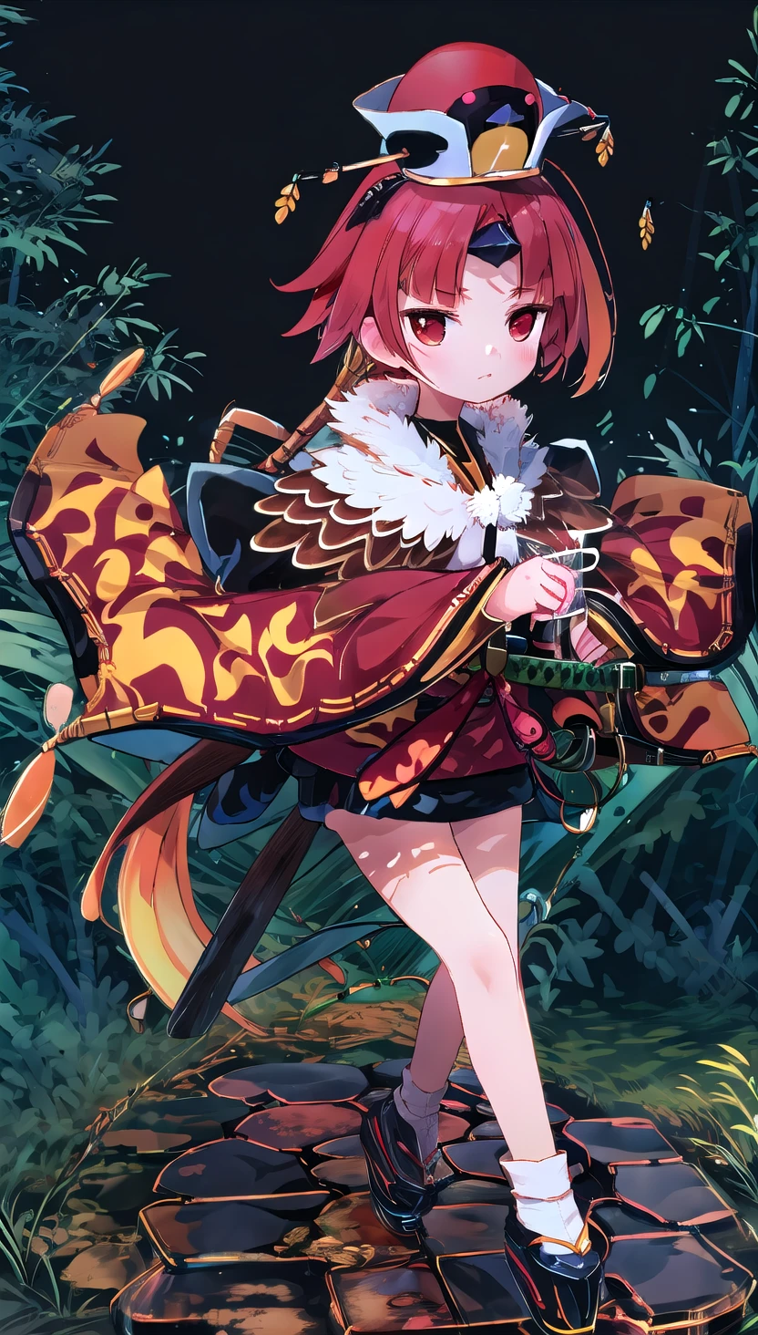 Exhibition Illustration,Masterpiece,first-class,1girl,beniennma,The perfect sword,Detailed sword,Straight Sword,short hair,Straight bangs,Redhead,Long sleeve,kimono,hat,Sleeves above the wrist,Rugged look：1.2,(Sword-holding pose：1.2)Bamboo 1.1,Small shed,night,剣がとても細かいです,刀,