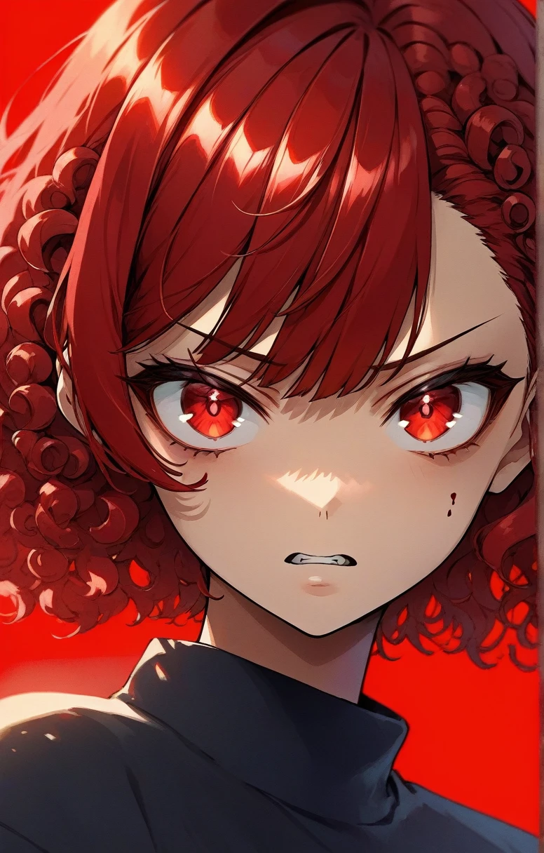 a beautiful young anime girl buzz cut curly red hair angry face, digital art portrait, with glowing skin, vibrant flat colors, and a gradient red background (best quality,4k,8k,highres,masterpiece:1.2) ultra-detailed,beautiful detailed red eyes,dramatic lighting,digital painting,concept art,character design
