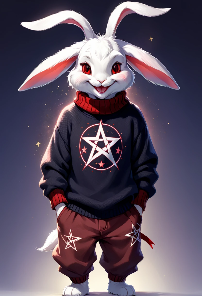 Lop-eared rabbit guy, with red markings, in a jumper with a pentagram and a shirt, Eternal smile,thin build, sinewy, elongated,