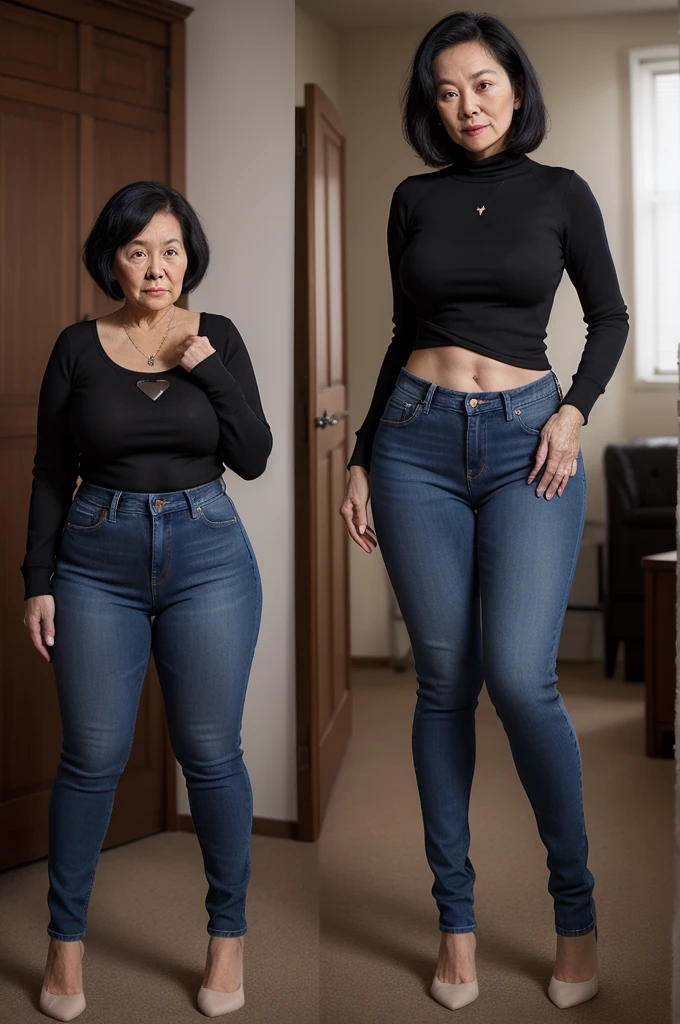 An elderly Latin woman of 70 years, with sexy curves, Skinny body, black hair, White skin, hourglass curves, hourglass figure, hourglass body, very short stature, tight jeans, warm sweatshirt