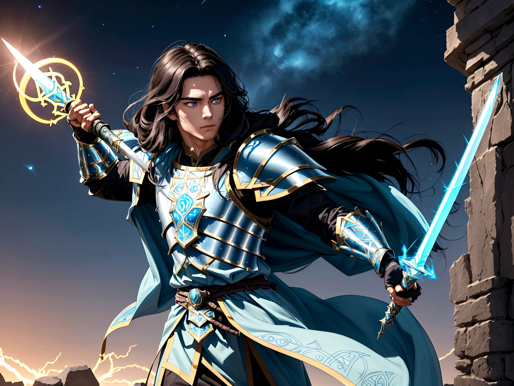 Imagine a young warrior with long dark hair, dressed in elegant but functional armor, adorned with magical runes that shine with a soft glow. He carries an ancient sword that glows blue when ready for battle.. His face reflects determination and an aura of mystery, as if he were destined to fulfill a great mission in a world full of magic and dangers.