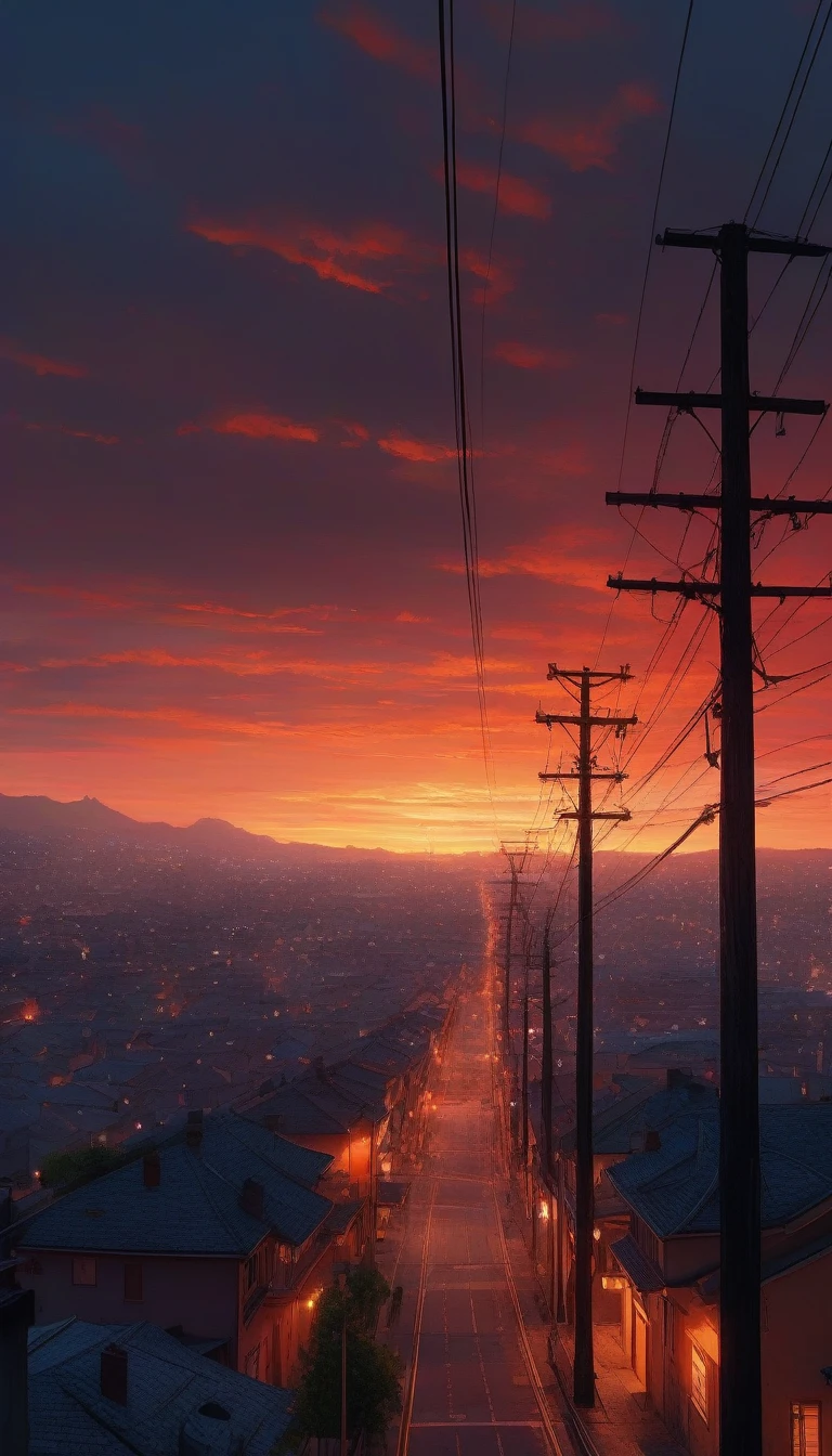 detailed silhouette of a telephone pole, small hill, telephone poles appearing randomly, cityscape, sunset, red sky, concrete utility pole, beautiful sunset seen from downhill, intricate details, highly detailed, photorealistic, ultra-detailed, 8k, masterpiece, dramatic lighting, warm colors, vibrant colors, cinematic, picturesque, atmospheric, serene landscape