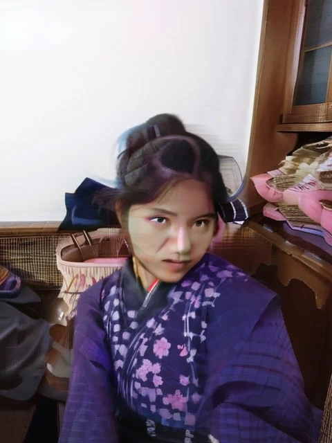 Masterpiece, best quality, high resolution, venus1,1girl, solo, Tsuko Kamato, bamboo, brown hair, (((pink ribbon)) checkered belt, gag, gag, gradient hair, haori, japanese clothes, kimono, long hair, looking at the audience, pink eyes, pink kimono, pink ribbon, solo,